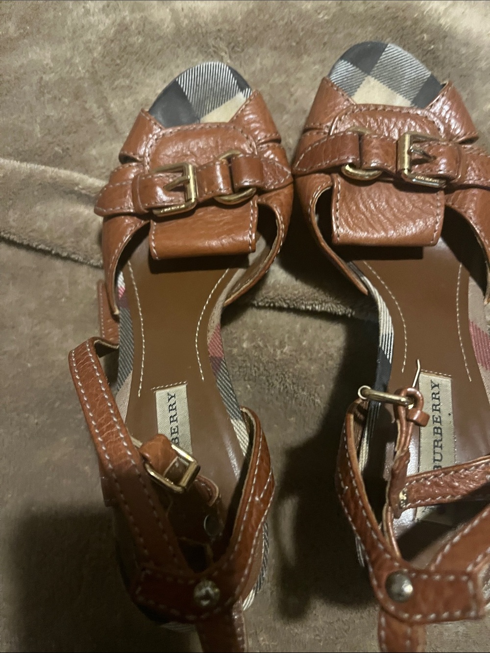 Burberry Brown Leather Buckle Sandals with Signature Check Insole